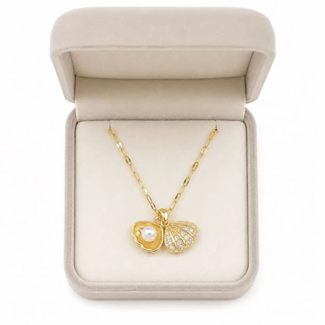 Women's Dainty Gold Shell Necklace, Open & Close Seashell with Imitation Pearl Inside, Adjustable Chain Jewelry
