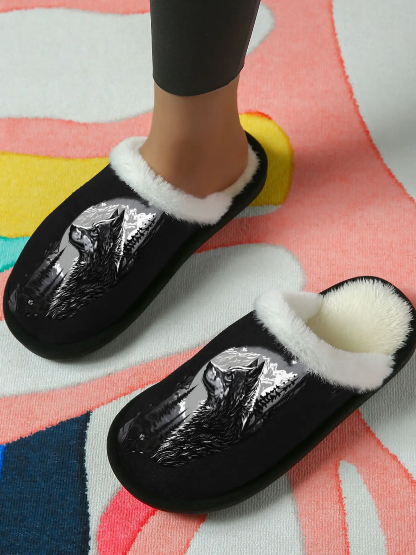 Wolf Totem Slippers 1 Pair, Wild and Bold Style with Eye Catching Wolf Head Print, Plush White Fur Collar Warm Anti Slip Sole, Trendy Home Statement Wear, Perfect Gift for Couples, Cozy Camping Vibe Decor