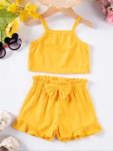 Baby Girl Striped Set, Sweet Cute Style, Baby Clothing, Sleeveless Vest + Ruffle Shorts, Bow Waist Decor, Fits 9-15 Months Summer