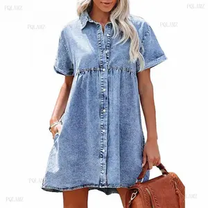 2025Women Babydoll Tiered Short Sleeve Button Down Jean Shirt Dresses Casual Denim