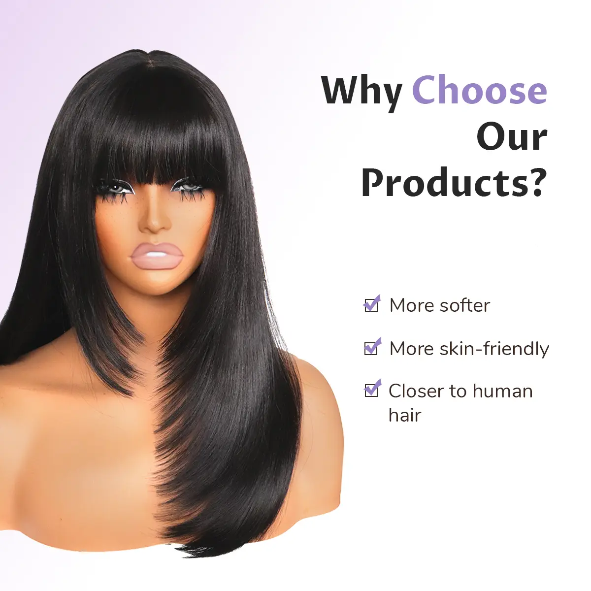 Synthetic Straight Wig with Bangs Layered Glueless True Scalp TikTok Viral 16Inch Synthetic Wig With Pre Cut Bangs Layered  main image 3