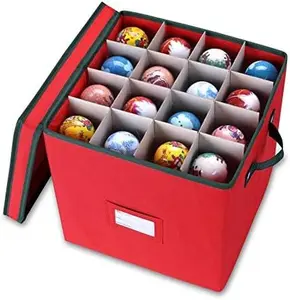 Primode Christmas Ornament Storage Box with Dividers | Stores up to 64 Holiday Ornaments | Decorations Accessories Storage Container and Organizer | Durable 600D Oxford Material (Red)