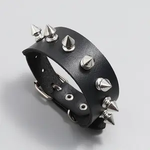 Exaggerated Punk Style Single Row Spike Stud Bracelet, Minimalist Adjustable Leather Bracelet