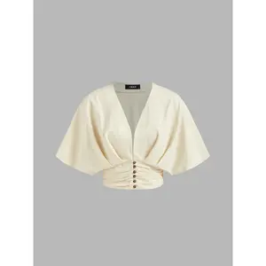 Cider [2 colors, size 2-26] Cotton-blend V-neck Ruched Button Crop Top