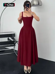 Women's Solid Color Square Neck Sleeveless Pleated Tank Dress, Plain Backless Back Zipper Up Slim-fit Plicated Slip Dress, Ladies Summer Party Evening Gown Special Occasion Clothes, Formal wear