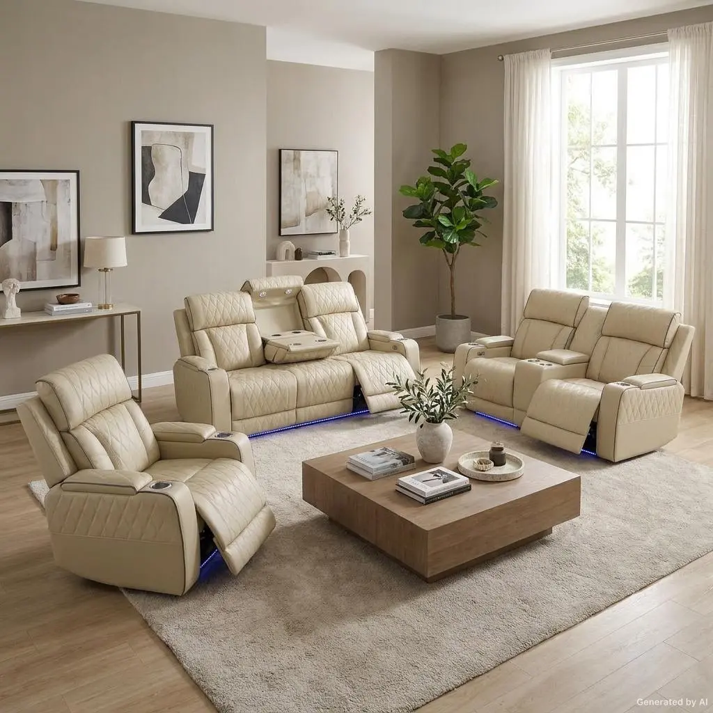 Beige Breathing Leather 3-Piece Living Room Recliner Sofa set