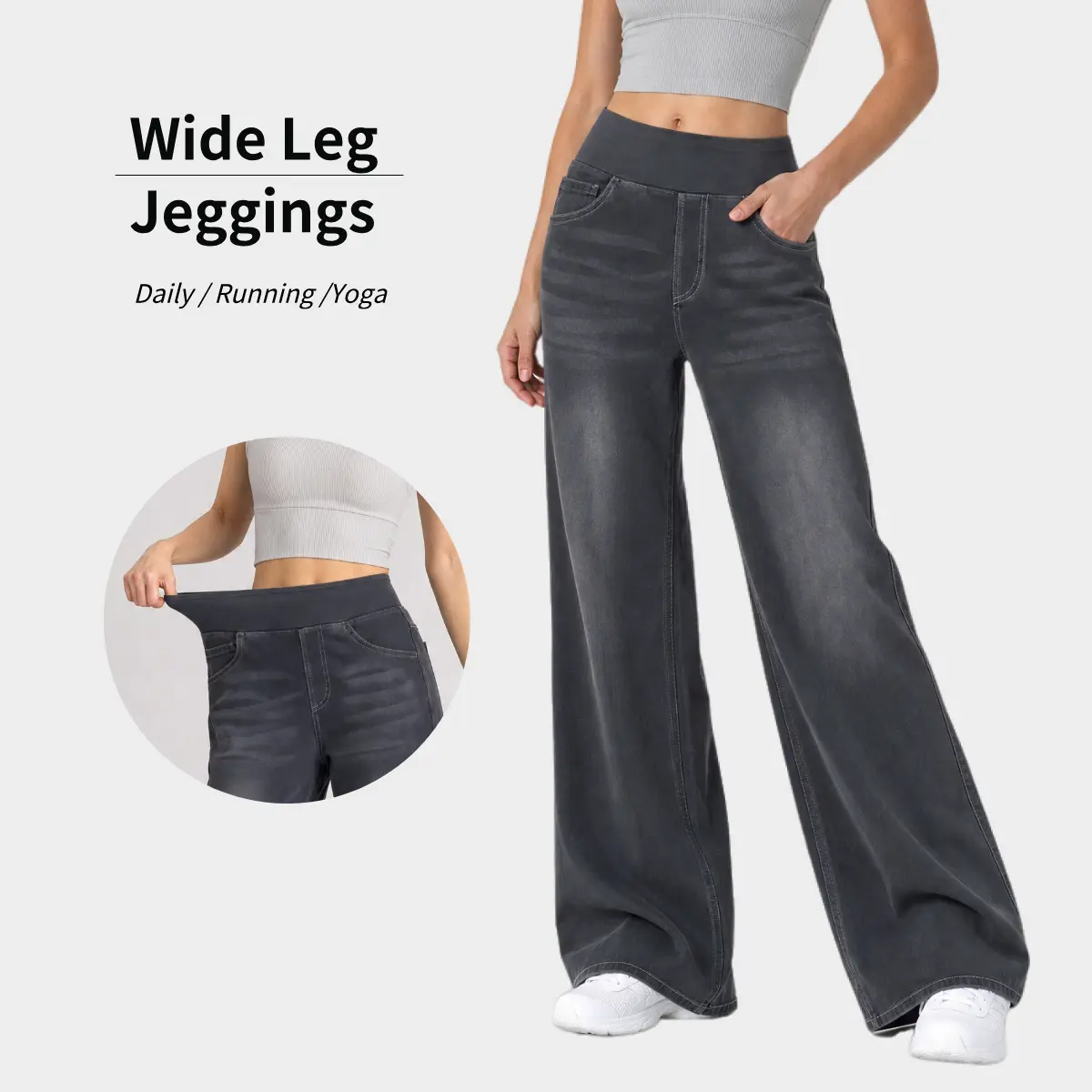 HeeiYoga Lady's High-Waisted Stretchy Wide-Leg Baggy Washed Streetwear Trouser, Basic Maternity Bottom for Sports & Outdoor Activities, Pants, Women, Baggy Fit, Cotton Blend, Stretch Fabric, 59%Cotton, 30%Polyester, 11%Elastane, Full Length, High Waist, M