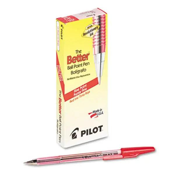 Pilot 37011 Better Ballpoint Stick Pen - Red Ink, Fine Point, Ribbed Grip, Transparent Design - 12-Count Pack