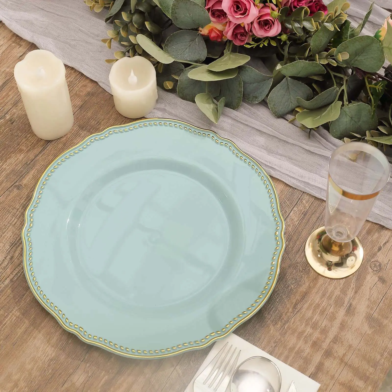 Disposable Dinnerware - 10-Pack 10" Elegant Plastic Jade Dinner Plates with Gold Scalloped Rim, Large for Birthday, Wedding