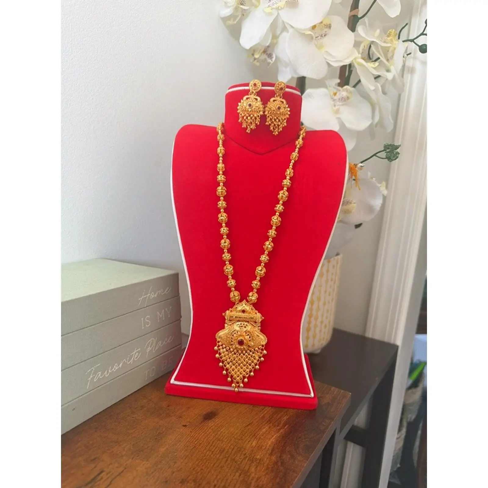 Gold Finish Long Ranihaar Necklace with Matching Earrings - Elegant Jewelry Set for Special Occasions