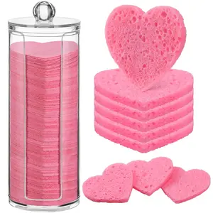 120 Pcs Compressed Facial Sponges with Container Disposable Face Sponge Pads for Washing Face Cleansing Exfoliating Esthetician Makeup Removal(Heart,Pink)