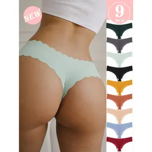 9-Pack Women'S Sexy Low Rise Thongs & V-Strings, Solid Color Knit Polyamide Underwear, Seamless Scallop Detail Drop Waist Panties for Yoga, Running & Gym, Spring Summer Active Bikini Briefs
