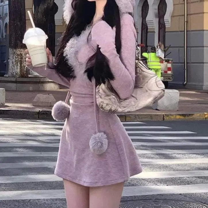 2023 Autumn Elegant Knitted Short Party Dress Women Casual Long Sleeve Sweet Bodycon Y2k Mini Dress Hooded Faux Fur Korean Chic