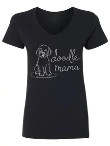 Women's Doodle Mama V-Neck T-Shirt, Cute Golden doodle Line Art & Cursive Typography Graphic Tee, Casual Short Sleeve Pet Lover Apparel, Ideal Gift for Doodle Dog Owners, Pet Parents and Dog Enthusiasts