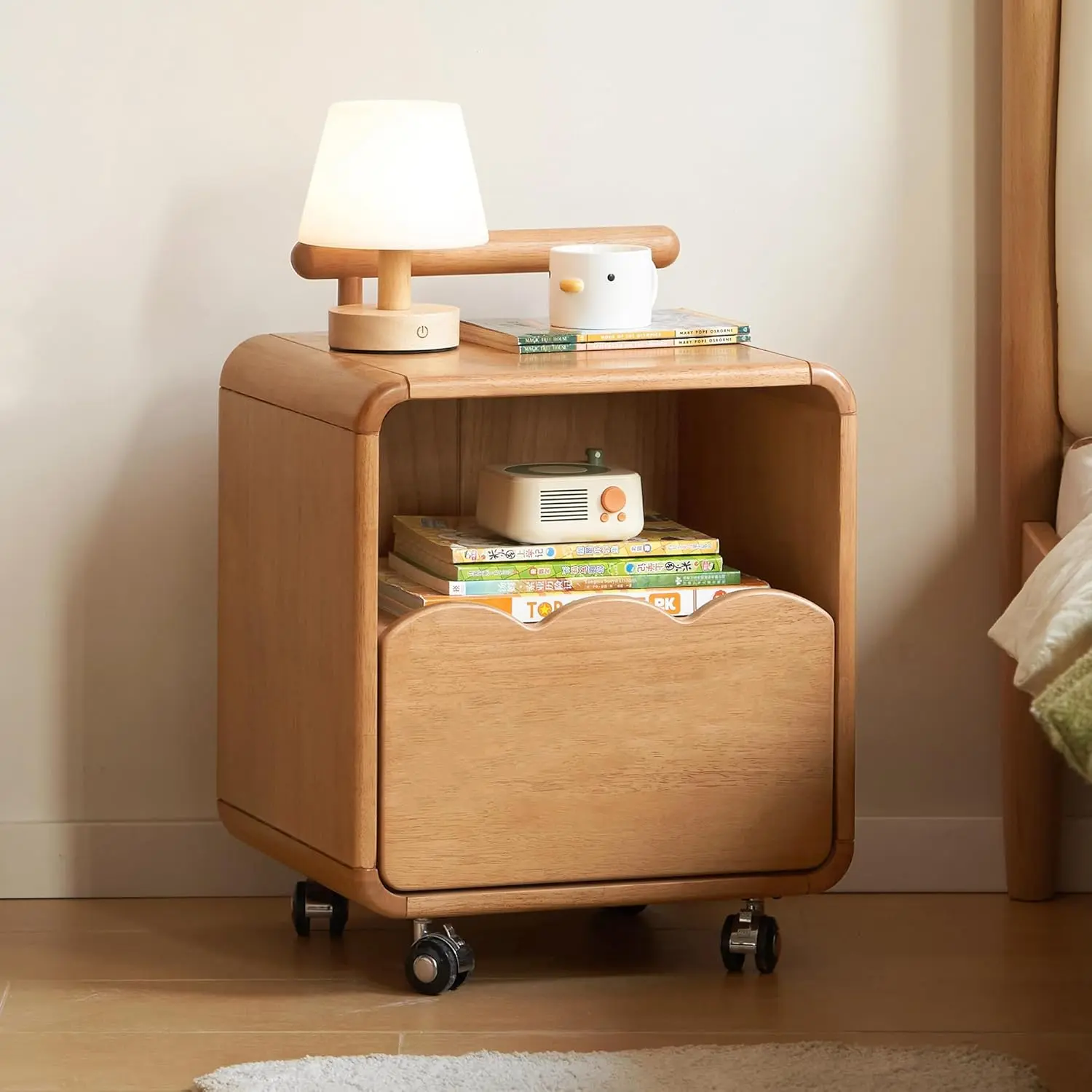 YESWOOD Rolling Nightstand with Drawer & Shelf, Solid Wood Mobile Side Table onWheels for Small Spaces, Cute Cart-Style Bedside Cabinet with Rounded Corners and Cloud-Shaped Drawer for Bedroom