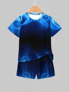 Boys Blue Flame Gradient Short Sleeve Set, Casual Summer Two-Piece, Asymmetrical Design, Fitted Tee and Shorts, Random Print, Youth Kits