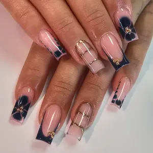24pcs Long Rectangle Blue French Flower Gold Pearl Leopard Print Acrylic Press-On Nails Set, Nail Art Design, Includes Jelly Glue and Nail File
