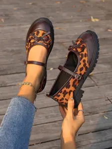 Women's Fashion Vintage Mary Jane Shoes, Buckle Strap + Bow Design, Thick Platform Heel, Leopard Print, Casual Commuter Style