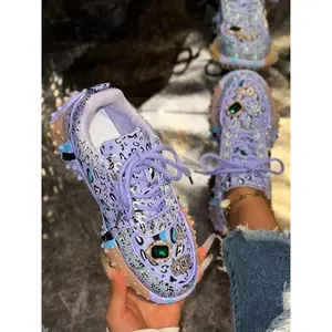 Shiny Rhinestone Women’s Thick-Soled Casual Sports Shoes, Unique Outsole Design, Lace-Up Sneakers, All-Season Daily Wear, Party Shoes, Thick-Soled Sneakers