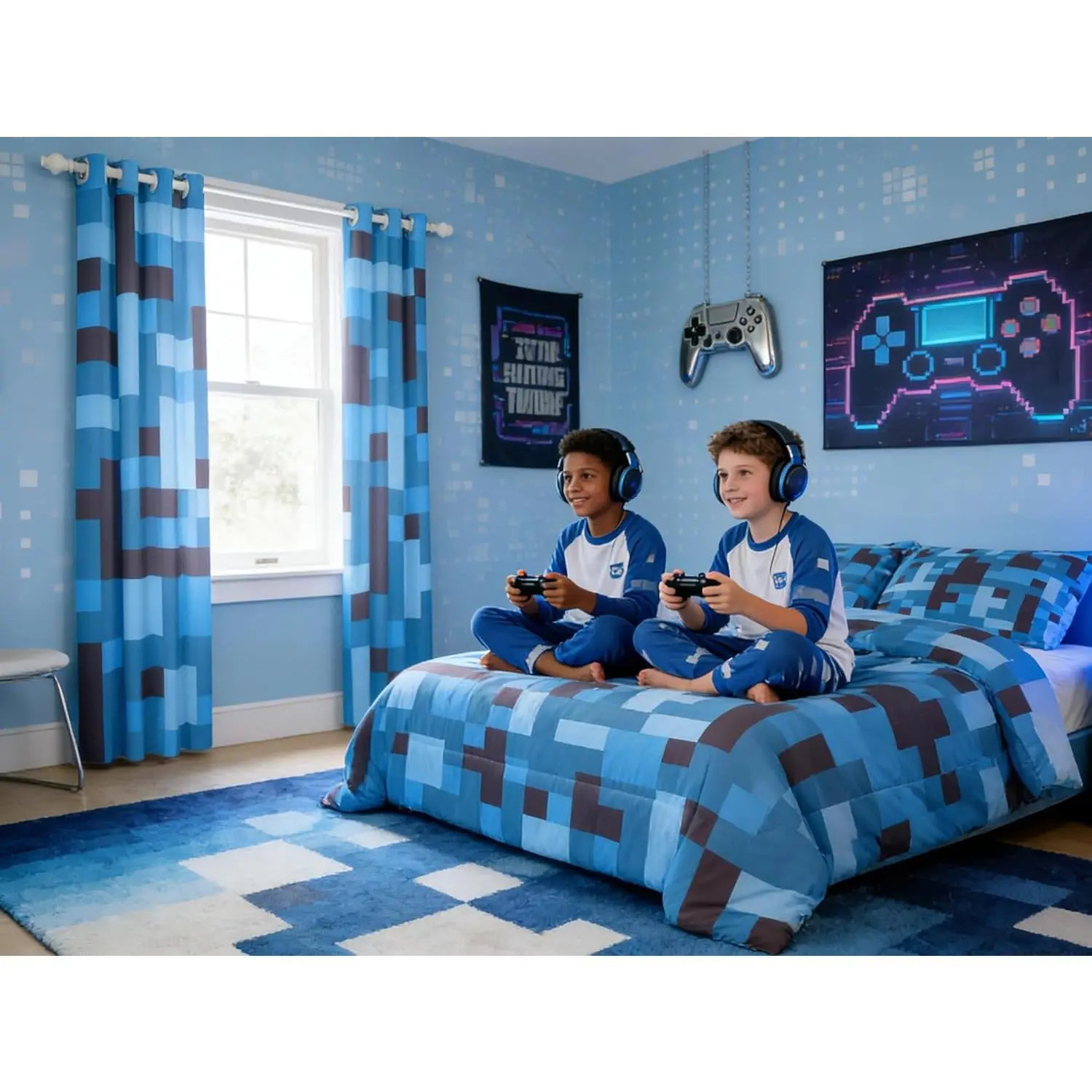 Pixel Grid Miners Kids Comforter Set,Reversible Gamepad Video Games Bedding Set,Boys Room Decor,Army Camo Geometric Quilt Comforter,Black Light Blue Duvet Set,Bedroom Quilt Set