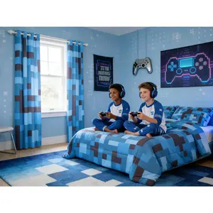 Pixel Grid Miners Kids Comforter Set,Reversible Gamepad Video Games Bedding Set,Boys Room Decor,Army Camo Geometric Quilt Comforter,Black Light Blue Duvet Set,Bedroom Quilt Set