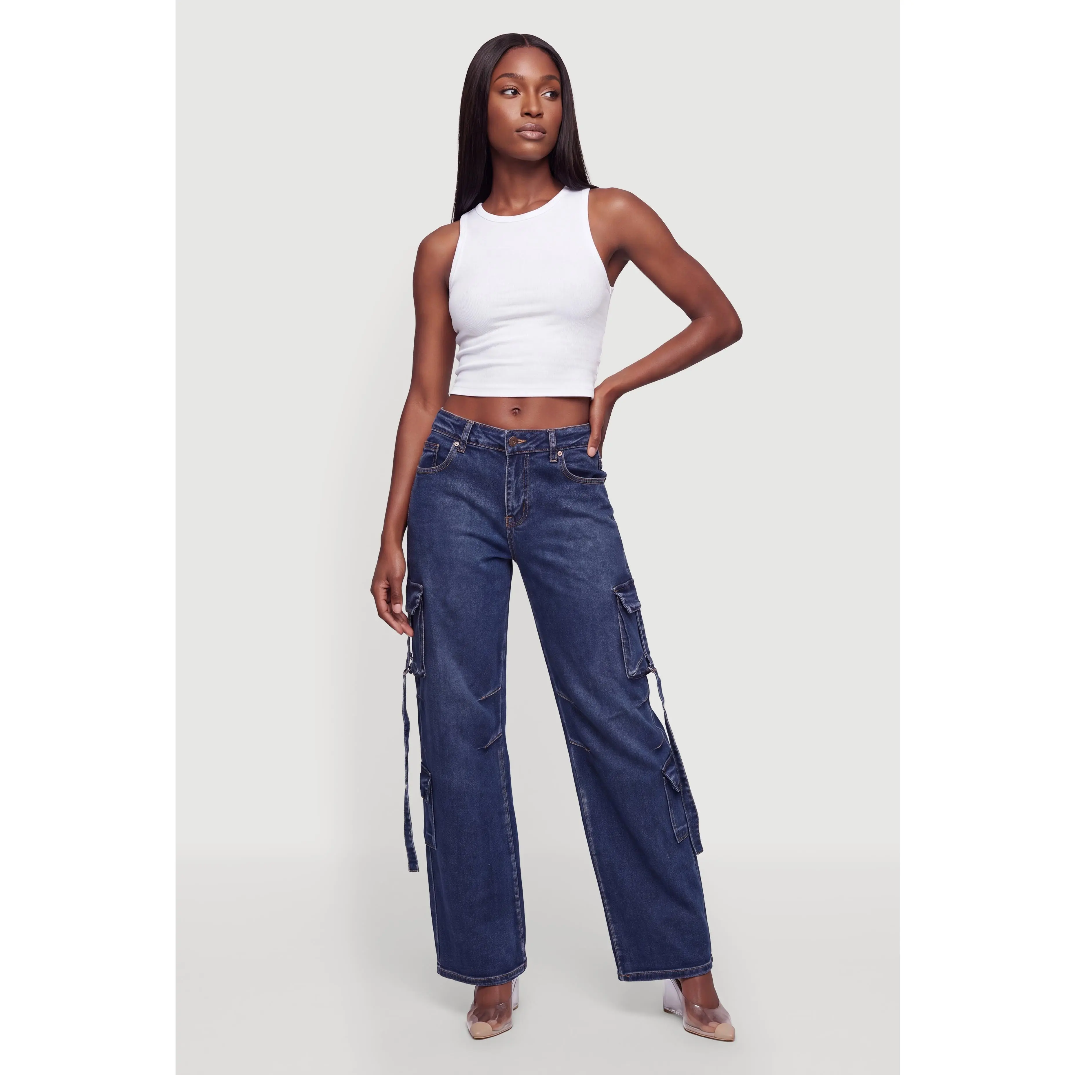 Tassel Detail Wide Leg Cargo Jeans