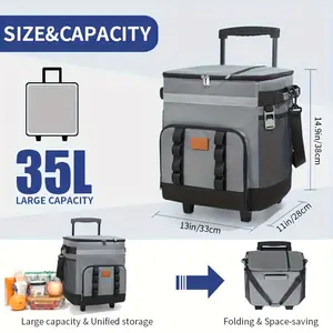 Large-capacity insulated bag with pull rod, suitable for car coolers, ideal for outdoor picnics, 9.25-gallon portable incubator, suitable for travel, easy to carry various items, provides long-term insulation and refrigeration