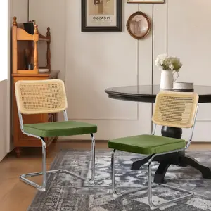 Rattan Dining Chairs Set of 2, Upholstered Mid-Century Modern Dining Room Chairs with Cane Backrest, Retro Velvet Kitchen Chairs with Stainless Chrome Base