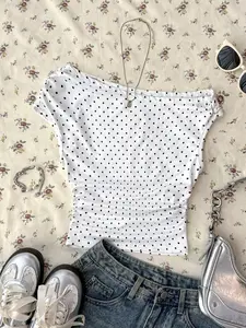 Women's Vintage Polka Dot Asymmetrical Shoulder Short Sleeve T-Shirt, Elegant Chic Fitted Slimming Ruched Off-Shoulder Top, All Seasons