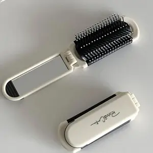 Folding Travel Hair Brush with Removable Pull-Out Mirror, Cream White Portable Pocket Hairbrush with Flexible Bristles, Lightweight Foldable Comb for Women(White), Hair Styling Combs