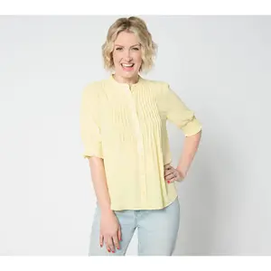 NYDJ Short Sleeve Pleated Peasant Blouse - Yellow Daisy