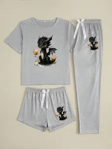 Cute Cartoon Dragon Three-Piece Set, Womenswear Casual Loose-Fitting Home Wear, All-Seasons Comfortable, Perfect for Daily Use, Clothes