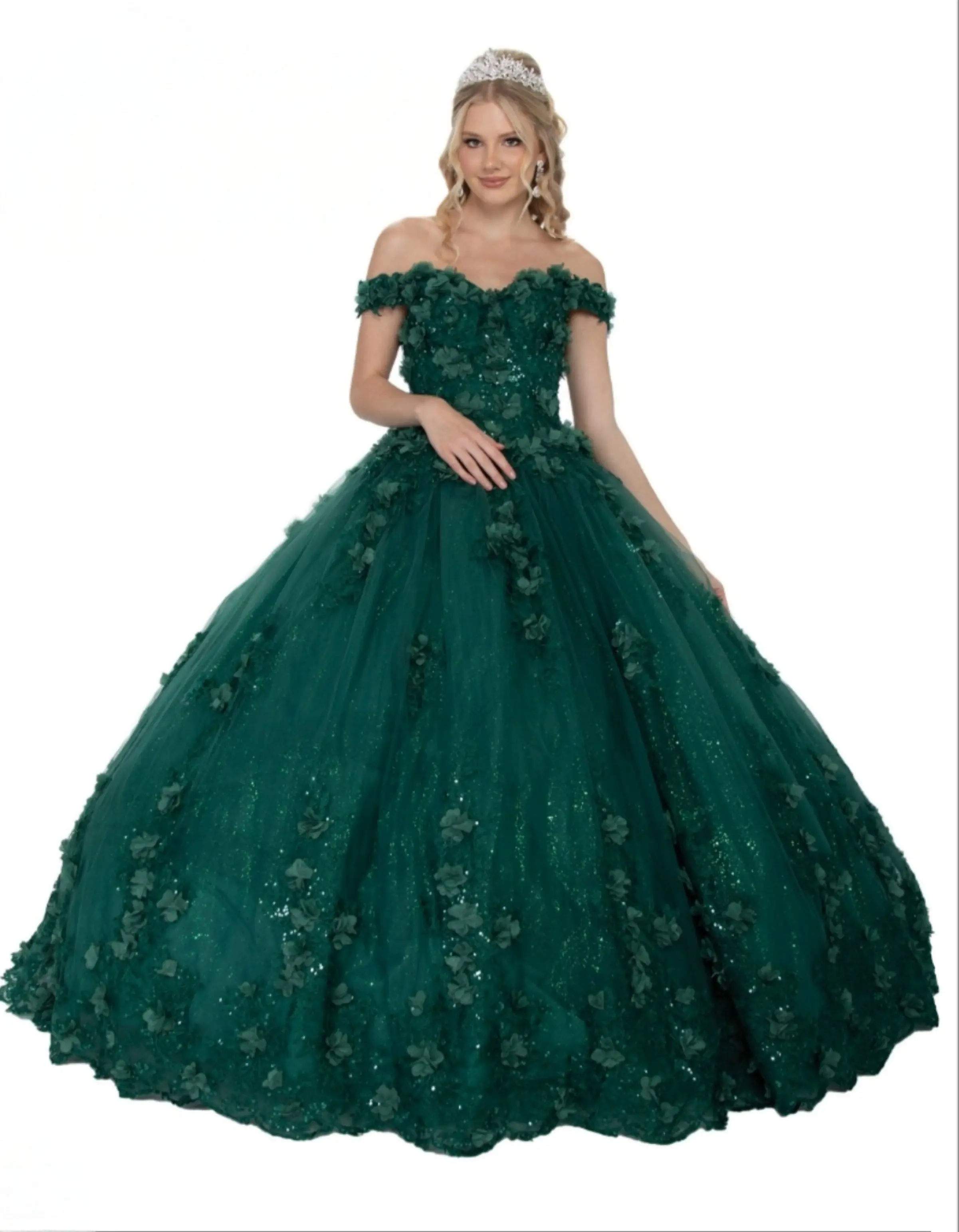 72202X Quinceañera Dress with 3D Flowers Sweetheart Neckline Off-the-Shoulder Sleeves Green Ball Gown for Special Occasions