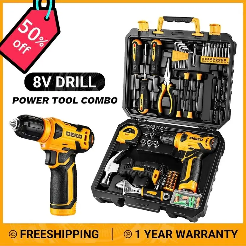 DEKOPRO 126-Piece 8V Cordless Drill & Complete Tool Set, USB Rechargeable Battery, All in One Multi-functional Tool Kit with Drill,  Lightweight Power tools, Pink tools set, Home Needs, For Car, Impact Wrench Heavy Duty, Caja de Herramientas Rosa