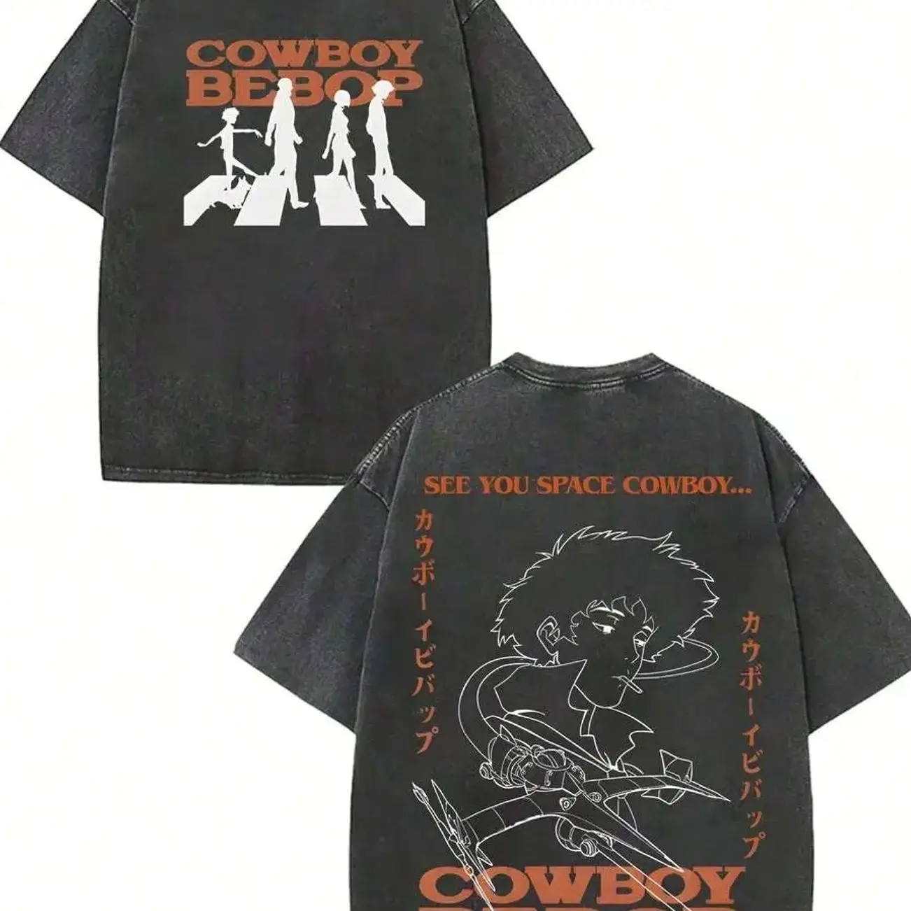 Exclusive Limited Cowboy Bebop Vintage Washed Graphic Tee Unisex Oversized Soft Cotton Short Sleeve Crewneck Retro Anime Aesthetic Casual Streetwear Daily Outdoor Fashion Top Ideal Gift for Adult Anime Fans Men Women 7N0