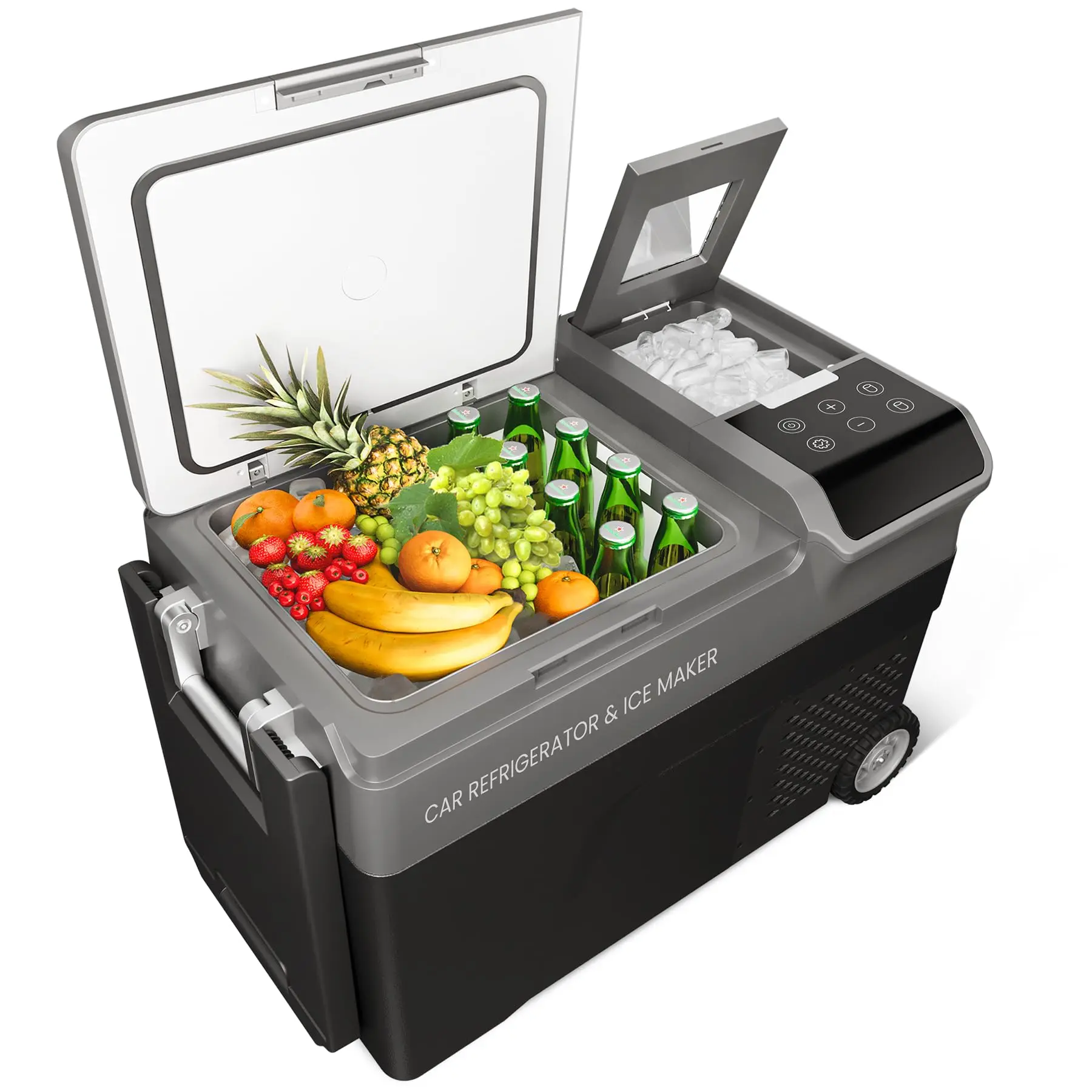 Garvee 40QT Portable 12V/24V Car Refrigerator Freezer with Built-in Ice Maker, Compressor Cooling Cooler with Adjustable Temp -4°F to 68°F, Dual Power AC 110-240V & DC 12-24V, Equipped with Moving Wheels, Battery Low-Voltage Protection & Internal LED