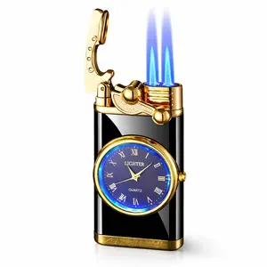 Windproof Cigar Torch Lighter Refillable Vintage Analog Clock Face, Adjustable Blue Flame Butane Lighter (Butane Not Included), Refillable Retro Torch Lighter for Camping Hiking Gifts for Men