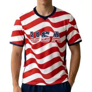 USA Flag Pattern Red White Striped Casual Soccer JerseyUSA Flag Pattern Red White Striped Casual Soccer Jersey