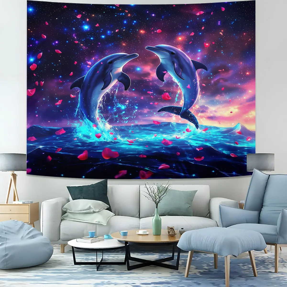 Dolphin Pattern Wall Hanging Tapestry, Fashion Room Flag, Unique Wall Art for Living Room and Bedroom, Soft and Durable, Perfect Gift
