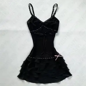 Harajuku Solid Lace Sweet Girly Dresses Elegant Strap Short Sleeve Suspenders Waist Dress Japanese Kawaii Bow Patchwork Clothes