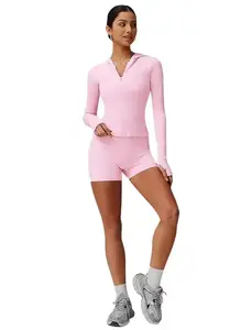 BARJA CoreFlex Women's Athletic Set of Jacket Cropped Long Sleeve Workout Top Zip Up Gym Compression Shirts with Thumb Holes and Short .