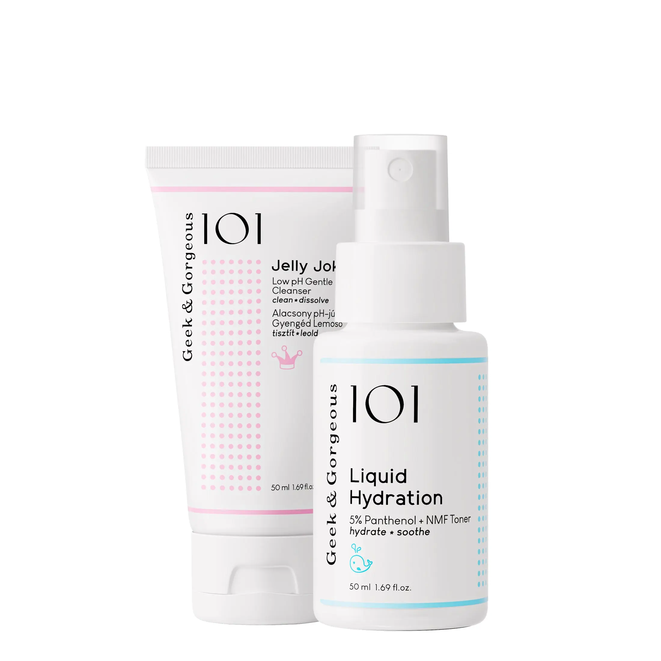 2-Piece Travel Skincare Kit Set with Gentle Jelly Cleanser and Hydrating Liquid Moisturizer Toner with 5% Panthenol, 50ml Unisex Duo for All Skin Types, Geek & Gorgeous 101, Natural, Portable