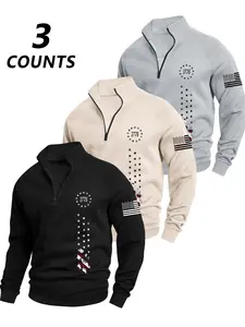 Men's Fall Winter Hoodies Set, Long Sleeve, Zipper Design, Flag Print, Comfortable Fabric, Casual Fitted Style, Perfect for Daily Wear