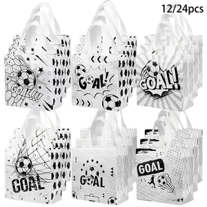 12/24 Pack Soccer Goodie Bags with Handles: Soccer Party Favor Bags for Candy Treat & Small Gifts - Reusable Non-Woven Gift Bags for Kids Birthday, Sports Events, Game Day & School Activities, Party Favor Packs