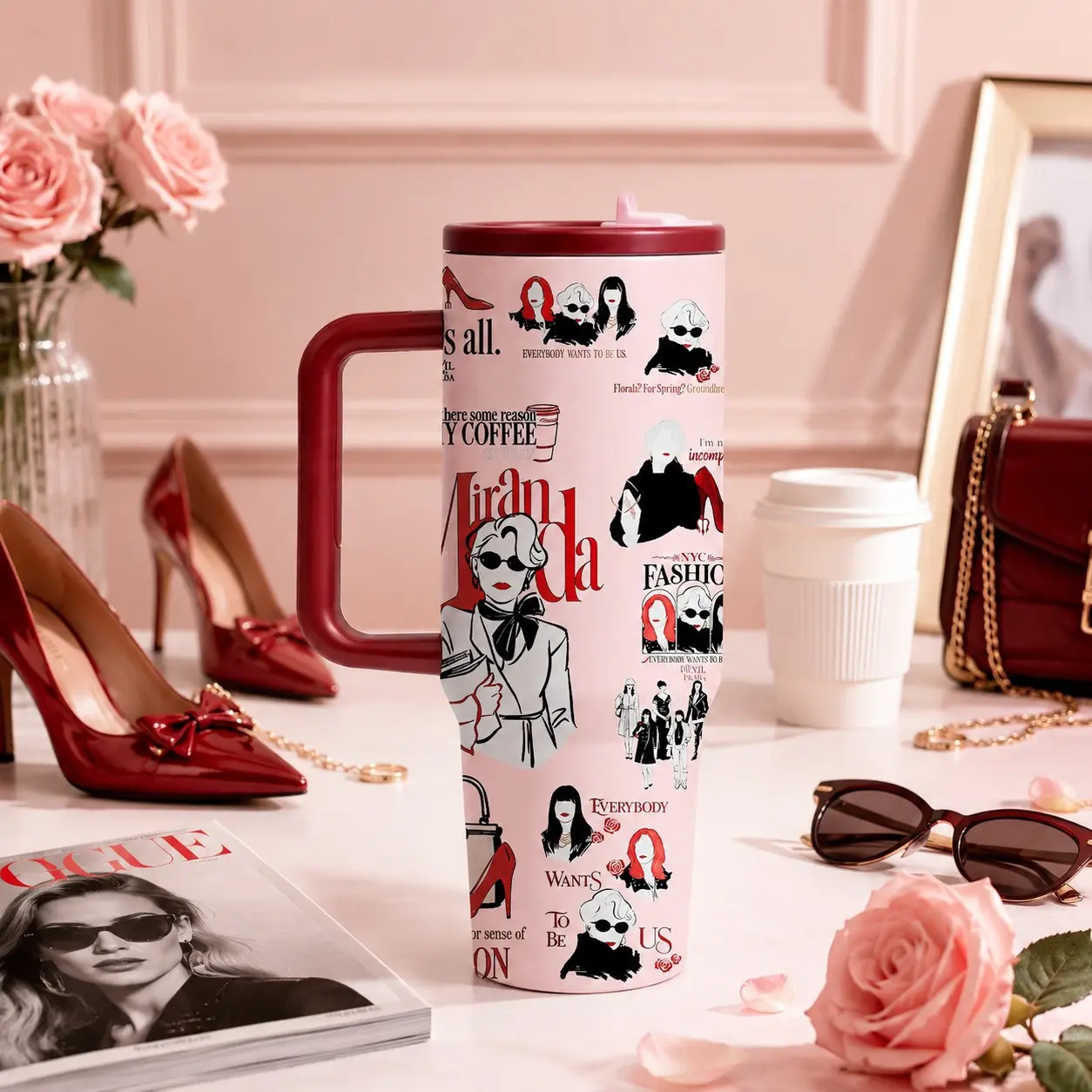 1 Pc 40oz insulated mug, Insulated travel cup, Miranda Priestly fashion quotes vacuum cup, double wall insulation mug with handle and lid, leak proof stainless steel tumbler for hot cold drinks, keeps hot 12h cold 24h, gift for women fashion lovers