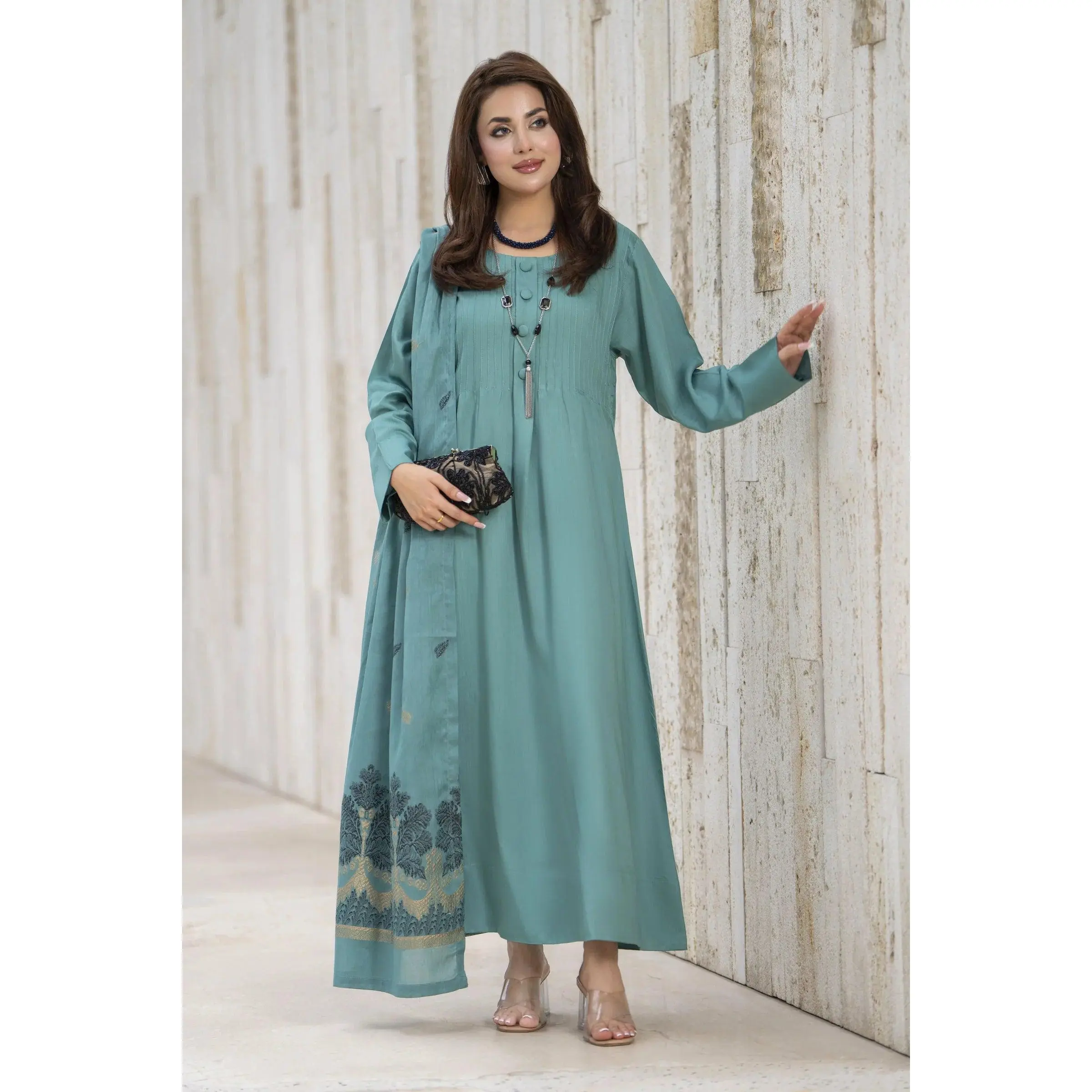Aleezay 3pc Sage Green Viscose Suit with Floral Jacquard Dupatta – JAL6