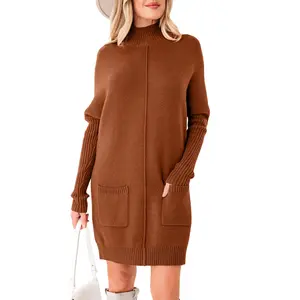 Asvivid Women's Fall Fashion Ribbed Sweater Dress with Front Pockets Center Seam Shift Casual Long Sleeve Cozy Knit Dresses
