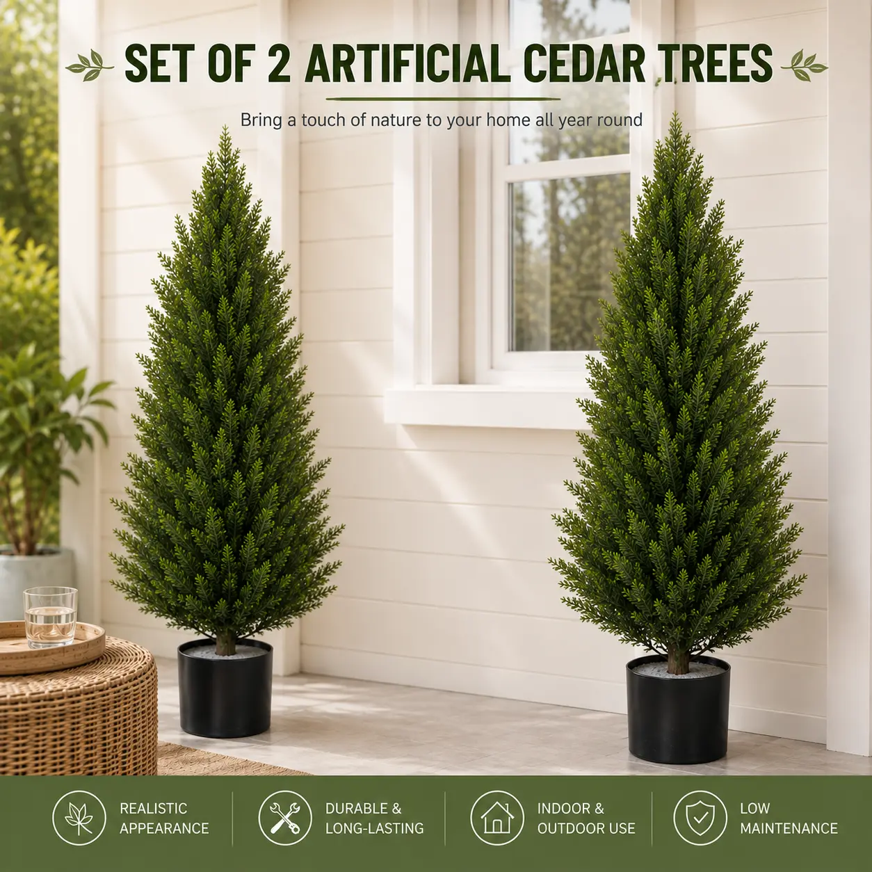 [Set of 2] 3FT/4FT/5FT Artificial Cedar Topiary Trees, UV-Resistant Faux Pine Trees, Indoor Outdoor Topiary Plants for Porch, Entryway, Patio & Home Decor