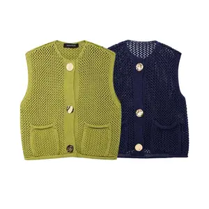 Cropped Sweater Vest New In Outerwears 2024 Women's Autumn Short Sleeveless Knitted Cardigan Waistcoat Green Blue Knitwears