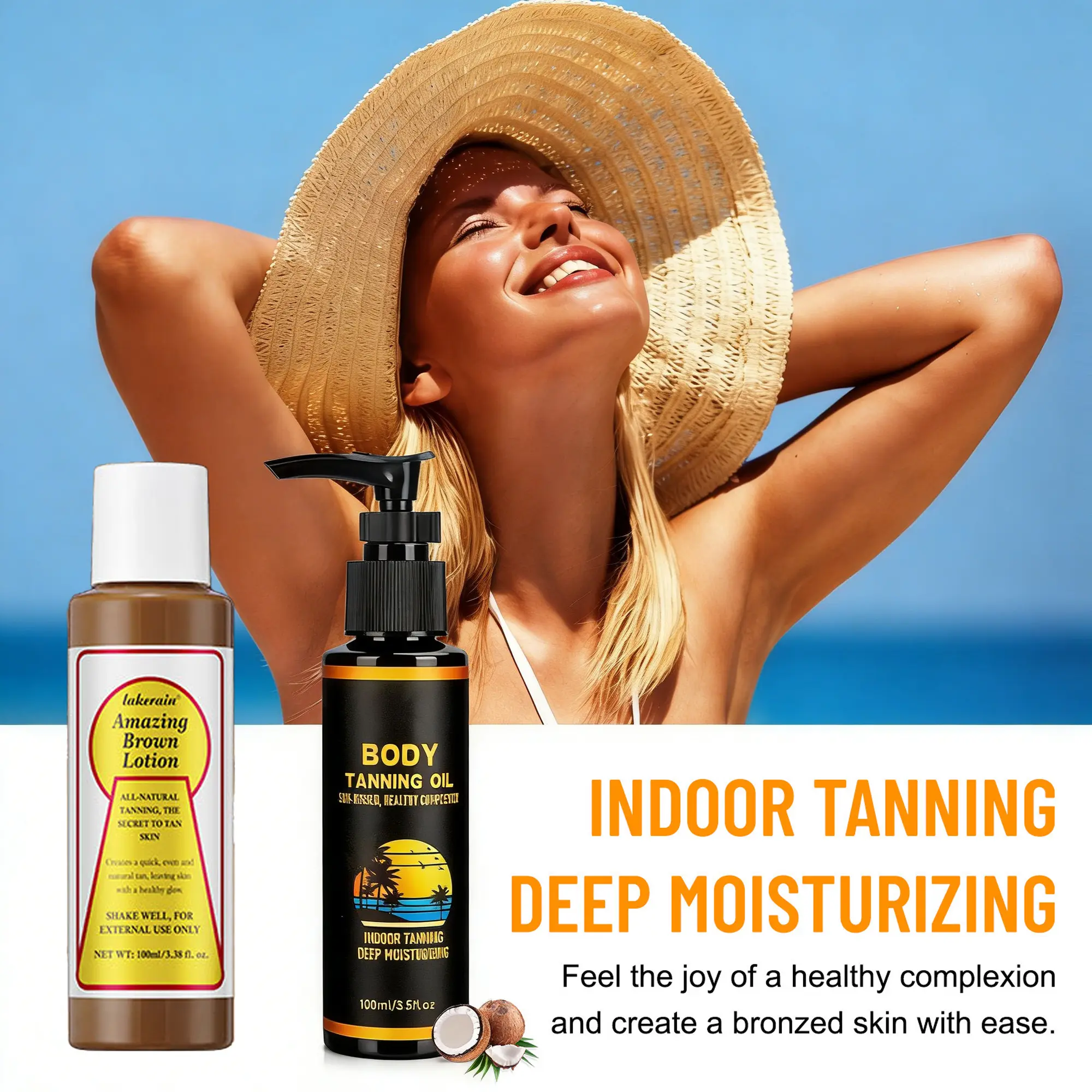 [BUY 1 GET 1 FREE] 2-Piece Tanning Oil & Booster Lotion Cosmetic Body Care Set, Moisturizer with Hydrating, Fast-Absorbing Formula, Accelerates Deep Dark Natural Tan for Face & Body, Summer Glow Essential